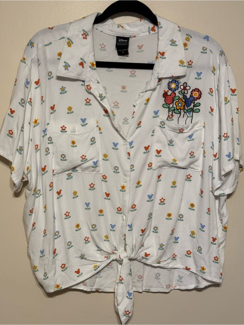 Disney Short-Sleeve Button-Front Tie Blouse Mickey Mouse Multi-color Casual top